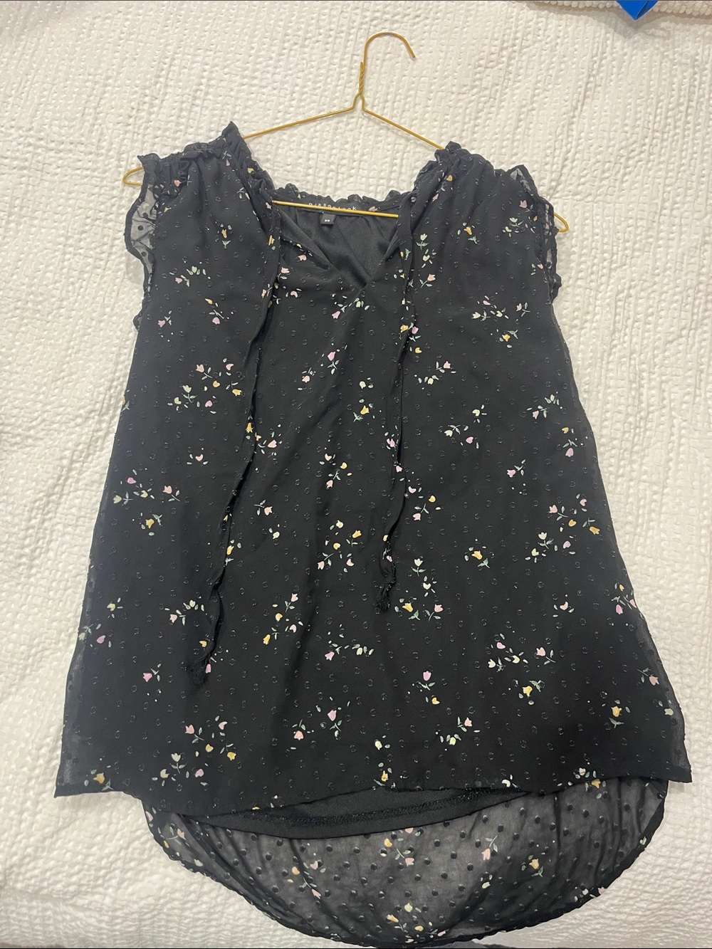 Black Floral Tie-Neck Cap Sleeve Blouse